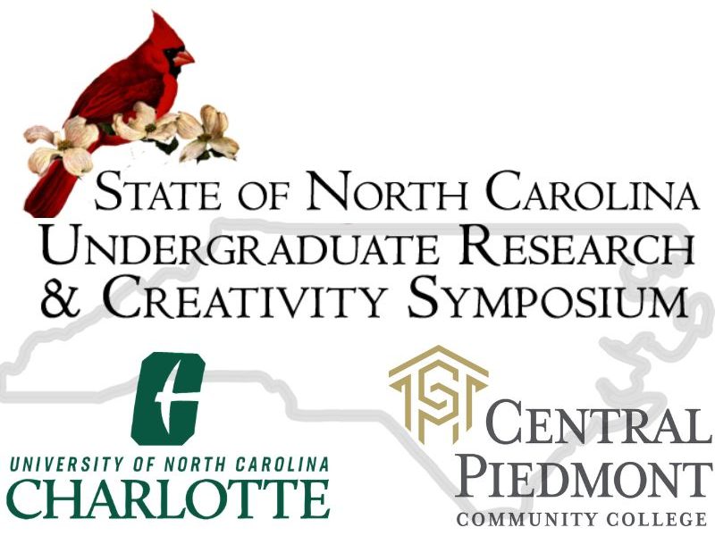 Logo for the 2026 State of North Carolina Undergraduate Research & Creativity Symposium including the host logos from UNC Charlotte and Central Piedmont CC